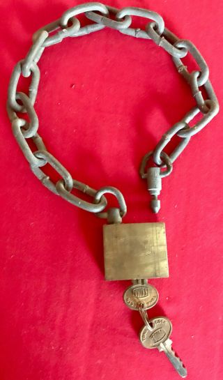 Unusal Rare ? Vintage Antique Tona Solid Brass " Pin & Chain " Padlock - 2 Keys