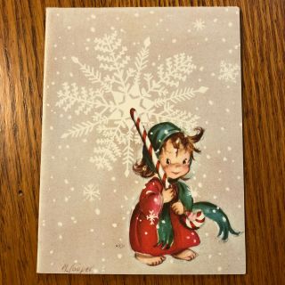 Vtg Marjorie Cooper Rust Craft Christmas Greeting Card Girl Candy Cane Snowflake