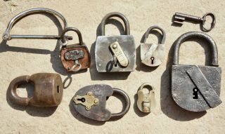 7 Old Brass And Iron French,  British Padlocks Some With Keys