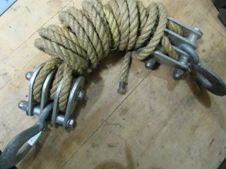 Vintage Block & Tackle Pulleys With 20 Ft Of Rope