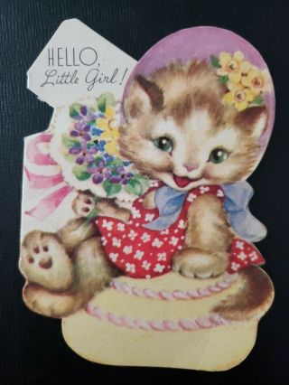 Vtg Rust Craft Easter Greeting Card Kitten Bonnet Flowers " Little Girl " 1940s