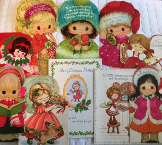 Vtg 70s Cute Little Young Girl Christmas Winter Greeting Cards Hallmark,  Fold Out