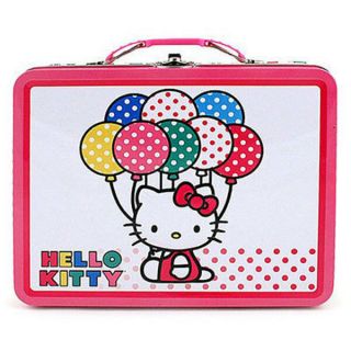 Tin Metal Lunch Snack Toy Box Embossed Hello Kitty Balloon Pink White