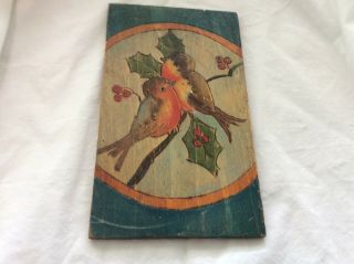 Antique Christmas Card Wooden Plaque Birds Holly Primitive Hand Made Carved