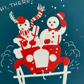 Vintage Mid Century Christmas Greeting Card Embossed Snowman Couple Riding Car