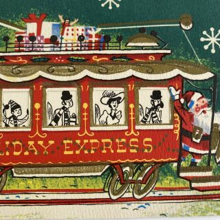Vintage Mid Century Christmas Greeting Card Santa Claus Trolley Car Villagers