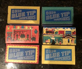Six (6) Vintage 1955 Ohio Blue Tip Matches Full Boxes With Four Different Themes