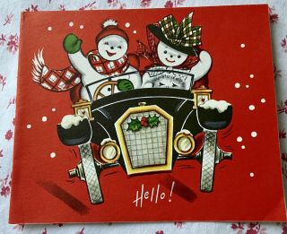 Vintage Mid Century Christmas Greeting Card Snow Couple Antique Car Automobile