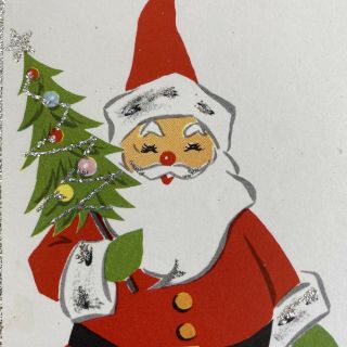 Vintage Mid Century Christmas Greeting Card Santa Claus Red Suit Holding Tree
