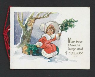 X22 - Girl Sees Face In Tree - Vintage Embossed Folding Xmas Card