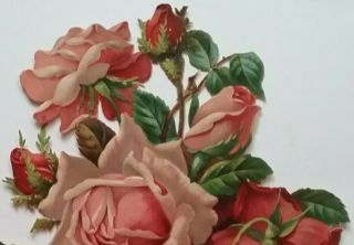 L Antique,  EmbosChromo Victorian Scrap.  LOVELY SPRAY/ PINK,  RED ROSES.  25x18cm 2