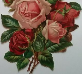 L Antique,  EmbosChromo Victorian Scrap.  LOVELY SPRAY/ PINK,  RED ROSES.  25x18cm 3