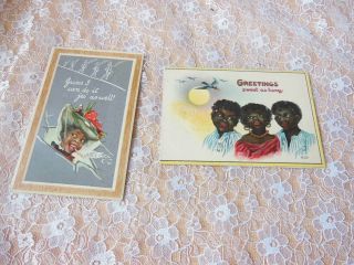 2 Victorian Christmas Cards/black Figures/folded/raphael Tuck