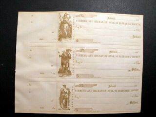 Old Orig Antique 1860s Uncut Sheet Of 3 Civil War Era Bank Checks Frederick,  Md