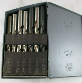 Old Drill Bits In Metal Drill Index Case 1/16 " To 1/2 " Total Of 29 Storage Mixed