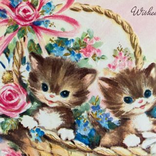 Vintage Mid Century Greeting Card Cute Kittens In Basket Get Well Pink Flowers
