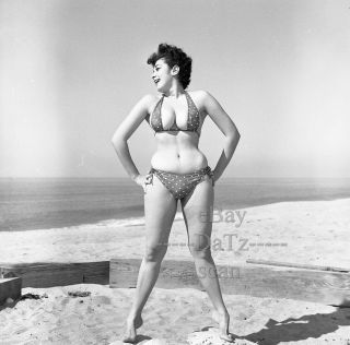 1950s Negative - Busty Pinup Girl Gigi Frost At Beach In Bikini - Cheesecake T270823