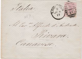 1877 Qv London Cover With A 2½d Rosy Mauve Stamp Plate 7 Sent To Italy
