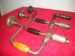 3 Vintage Wood Hand Auger Drills Stanley 923 10 In,  Powrkraft & Old No Name