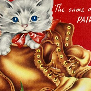 Vintage Mid Century Christmas Greeting Card Cute Kitten In Boots With Gifts