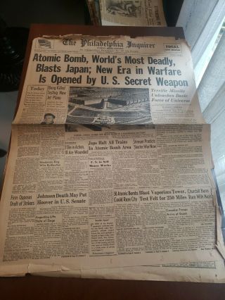 Vintage Newspaper,  The Philadelphia Inquirer Atomic Bomb
