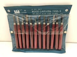 Vintage Set Of 12 Wood Carving Tools Made In Japan Red Unique Chisels 8712p