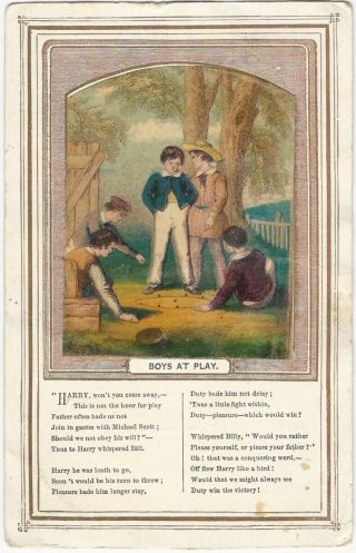 Boys Playing Marbles With Morality Poem 19th Century Victorian Chromo Card