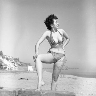 1950s Negative,  Busty Pin - Up Girl Gigi Frost At Beach In Sexy Bikini T270824
