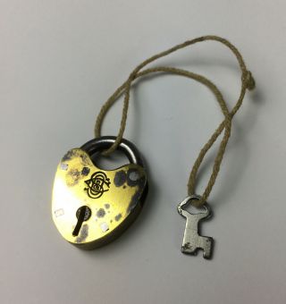 Mini Vintage Miniature Golden Brass Heart Shaped Padlock W/ Key