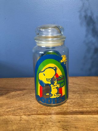 Vintage Snoopy & Woodstock Peanuts Goodies Glass Cookie/candy Jar 1960 