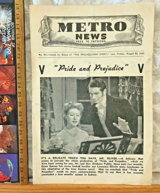 Vintage 1941 Metro Australia Movie Flyer Pride & Prejudice Olivier Greer Garson