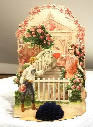 Boy Greeting Girl,  At Garden Gate,  Flower Garden.  3 - Dimensional Fold - Down Card