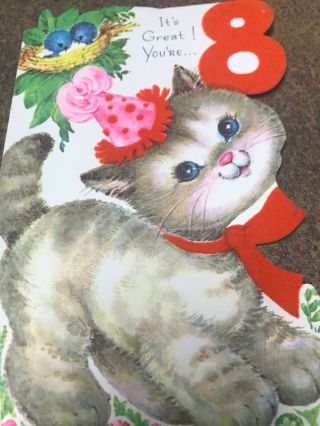 Vintage Birthday Greeting Card Kitten Cat Red Flocking Pink Hat 8th Blue Birds