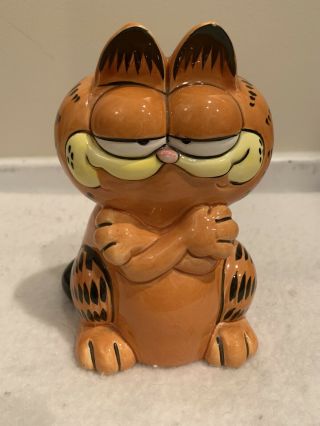 1981 Enesco Garfield Arms Crossed Coin Bank Vintage And Rare Made Of Porcelain