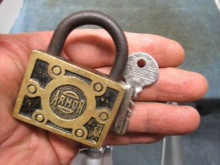 Square Shaped Old Brass Padlock Lock Armor With A Key.  N/r