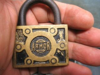 Square shaped old brass padlock lock ARMOR with a key.  n/r 2