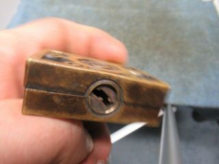 Square shaped old brass padlock lock ARMOR with a key.  n/r 3
