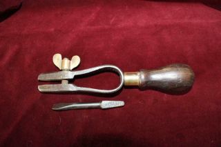 Rare Antique Hand Tool Bit Clamp Holder W/rosewood Handle Brass Ferrule & Nut