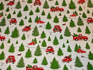 Vtg Christmas Red Truck Tree Store Wrapping Paper 2 Yards Nos Winter Scene