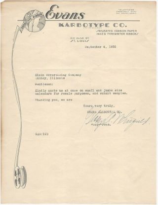 1935 Evans Karbotype Co.  Carbon Paper & Typewriter Ribbons St.  Louis Letterhead