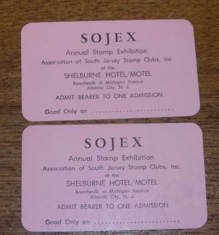 2 Vintage Sojex Annual Stamp Exhibition Tickets Shelburne Hotel Atlantic City Nj