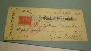 1899 Savings Bank Of Brunswick Maryland Signed Red Stamped Bank Check Antique