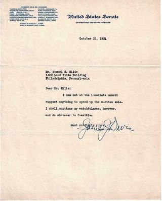 1931 James J.  Davis Signed Letter Als Mc Us Senator Pennsylvania Sec.  Of Labor^^