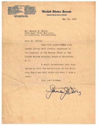 1931 James J.  Davis Signed Letter Als Mc Us Senator Pennsylvania Sec.  Of Labor