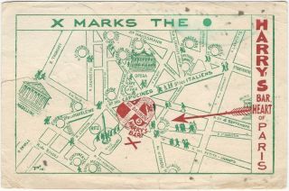 Harry’s York Bar Paris 1940s French Advertising Postcard With Map