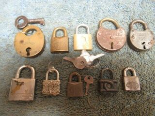 10 Different Old Miniature Padlock Lock.  2 Are Combination.  3 With A Key.  N/r