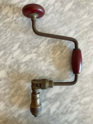 Vtg Hand Crank Brace & Bit Ratchet Drill Red Wood Handles Auger Antique Vintage