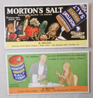 Two Vintage Morton Salt Advertising Ink Blotters R Belvin Groceries Norfolk,  Va