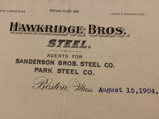 Antique 1904 Hawkridge Bros STEEL Letterhead Invoice Boston Mass Vintage 3