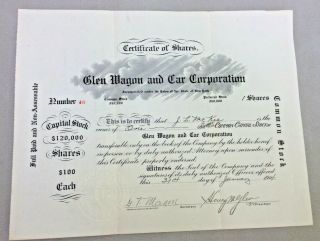 Glen Wagon And Car Corp.  1914 Stock Certificate State Of York 1 Shares